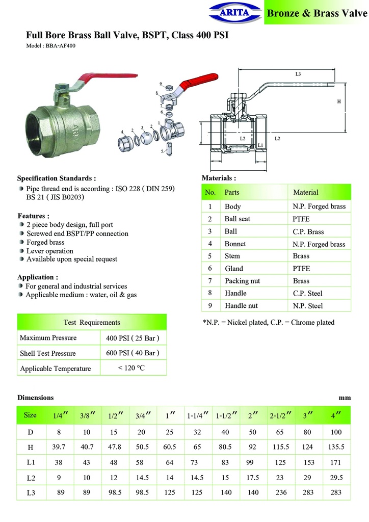 Full Bore Brass Ball Valve, BSPT, Class 400 PSI