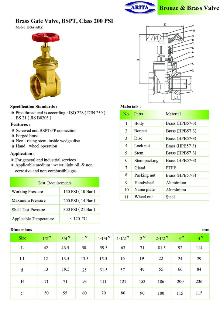 Brass Gate Valve, BSPT,Class 200 PSI