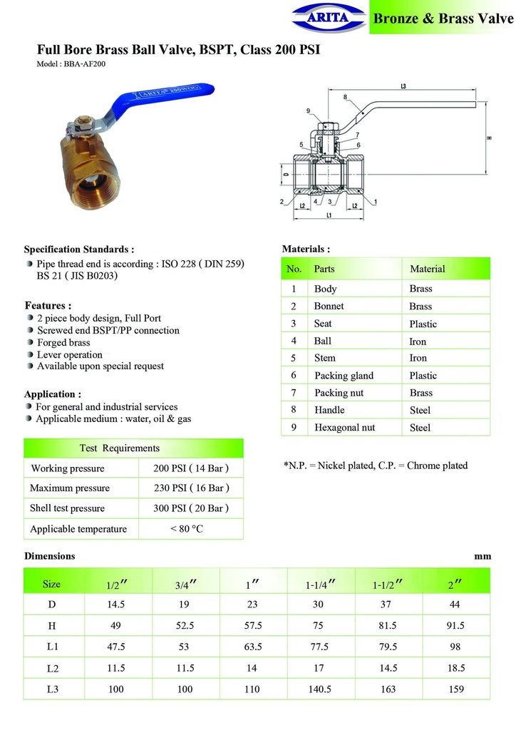 Full Bore Brass Valve, BSPT, Class 200 PSI