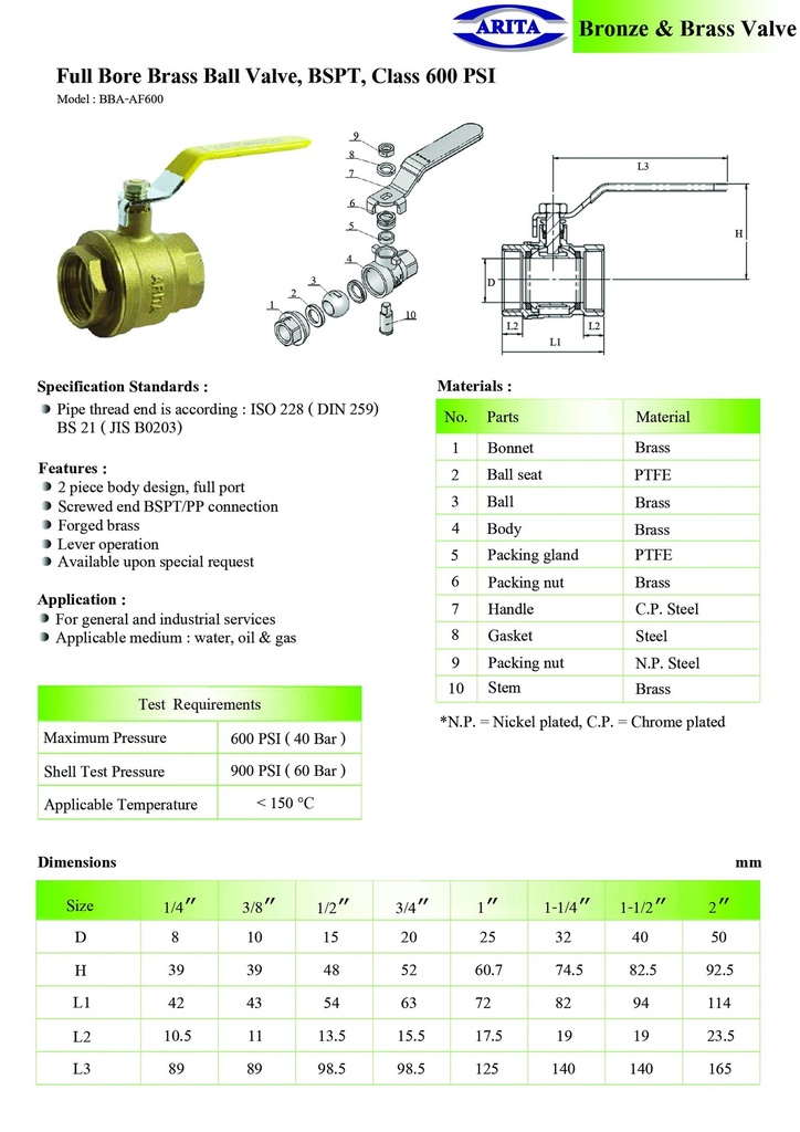 Full Bore Brass Ball Valve, BSPT, Class 600 PSI