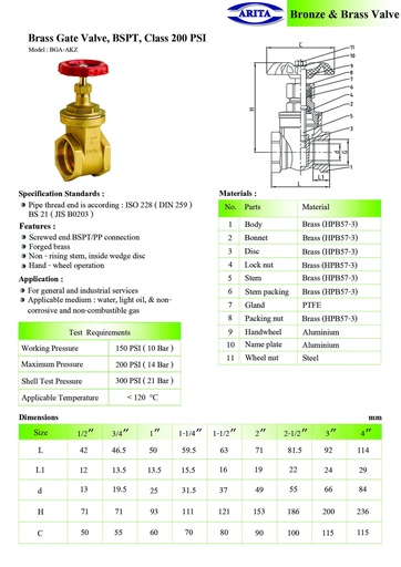 Brass Gate Valve, BSPT,Class 200 PSI