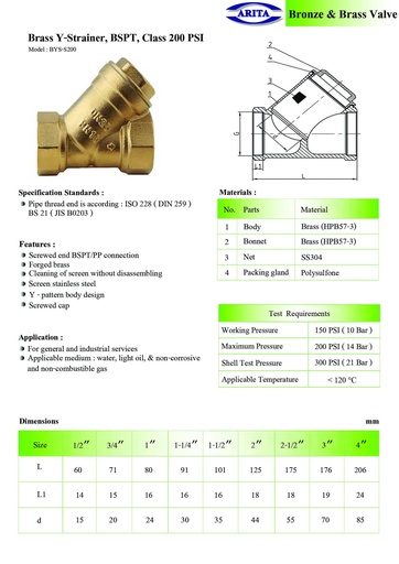 Brass Y-Strainer, BSPT, Class 200 PSI